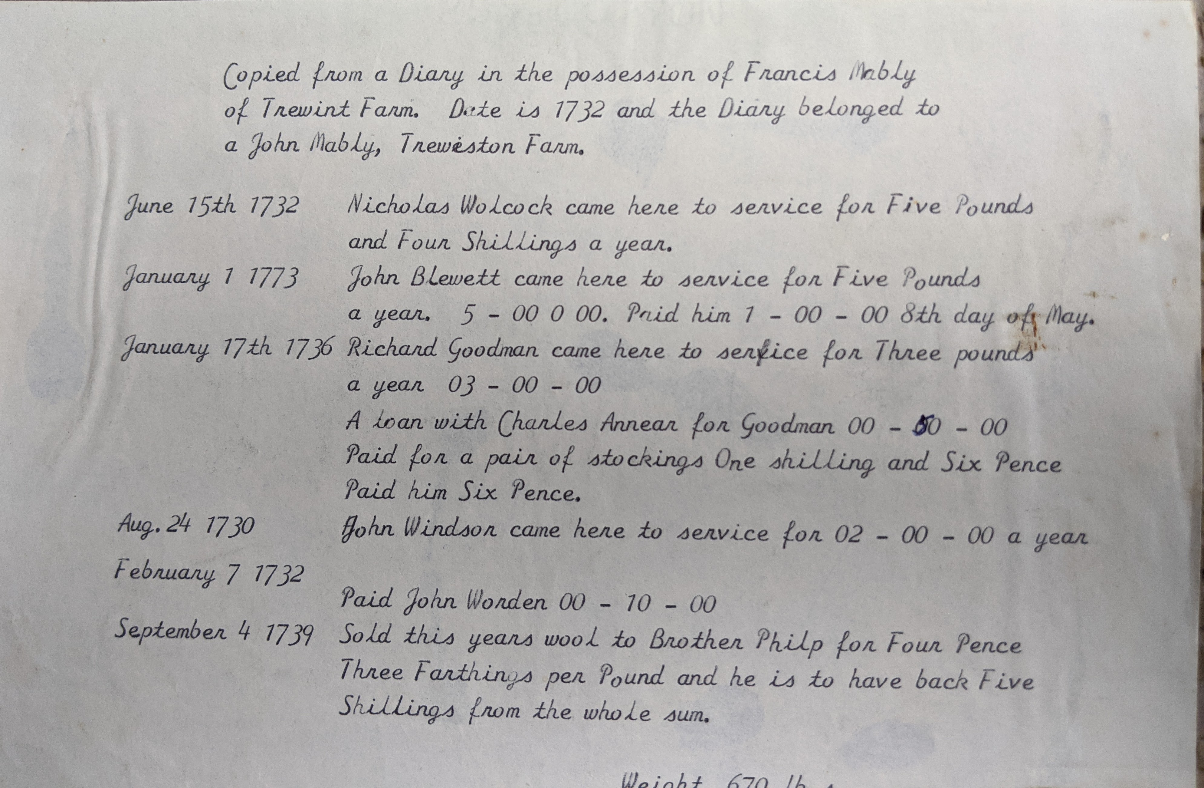 1732 Diary Extract - John Mably